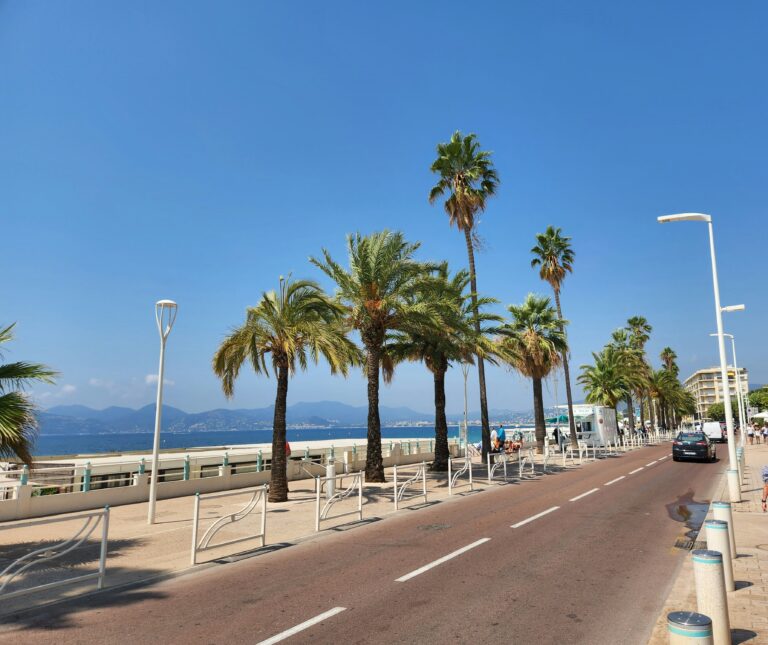 Groupe de coureurs traversant la Croisette au lever du soleil pendant le Cannes Urban Trail à Cannes